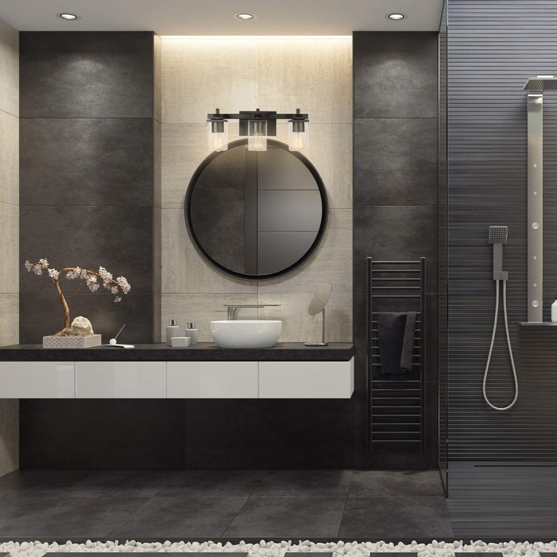 Globe Electric 51634 Dakota 5-Piece All-in-One Bathroom Set 3 Vanity Light with Seeded Glass Shades, Bar, Toilet Paper Holder, Towel Ring, Robe Hook, Matte Black - Image 4